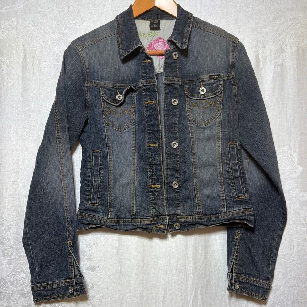 Vintage Angels Jean Jacket Large Cropped Slim Fit Blue Denim Y2k Indie Sleaze